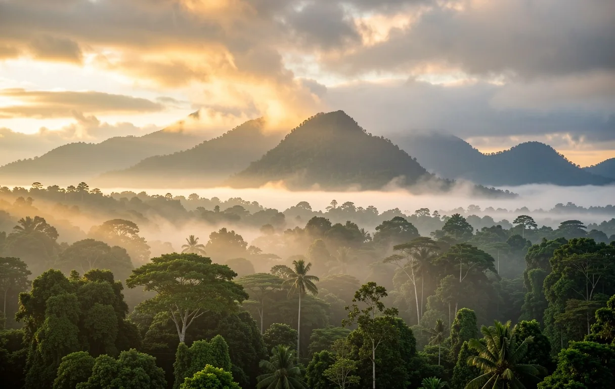 Morning mist over Indonesian landscape
